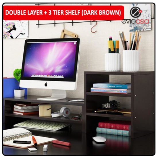 Wood Computer Monitor Stand Riser and PC Screen TV Riser for Home Office (Double Layer + 3 Tier Storage Shelf)