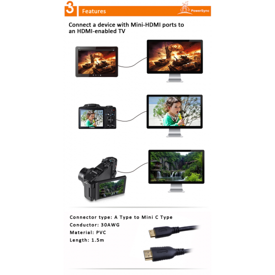 Powersync Mini HDMI A Type to Mini C Type (1.5Meter) Powersync Mini HDMI A Type to Mini C Type (1.5Meter)