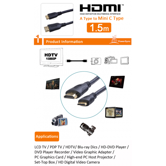 Powersync Mini HDMI A Type to Mini C Type (1.5Meter) Powersync Mini HDMI A Type to Mini C Type (1.5Meter)