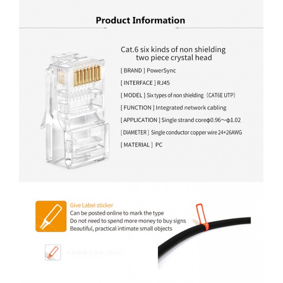 PowerSync CAT 6 Modular Plug Socket Network Ethernet Crystal Plug RJ45 8P8C (100pcs)
