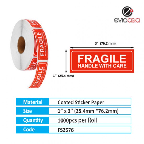 Fragile Warning Label Sticker 1" x 3"