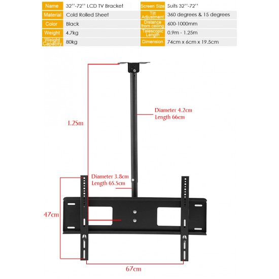 Evio Asia Lcd Led Tv Tilt Ceiling Wall Mount Tv Bracket Fits Most 32 72