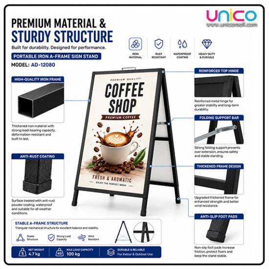 Heavy Duty Portable Iron A-Frame Sign Board Stand 120x80cm Outdoor Advertising Display