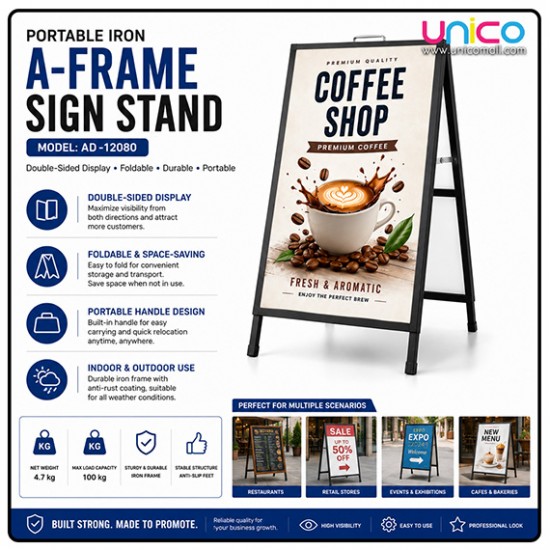 Heavy Duty Portable Iron A-Frame Sign Board Stand 120x80cm Outdoor Advertising Display