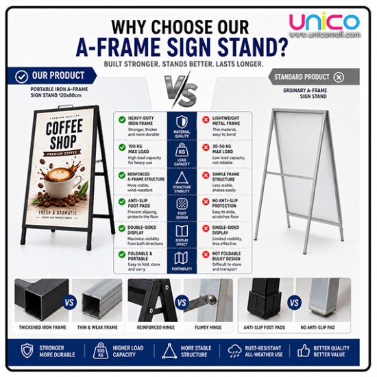Heavy Duty Portable Iron A-Frame Sign Board Stand 120x80cm Outdoor Advertising Display