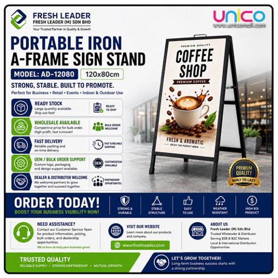 Heavy Duty Portable Iron A-Frame Sign Board Stand 120x80cm Outdoor Advertising Display