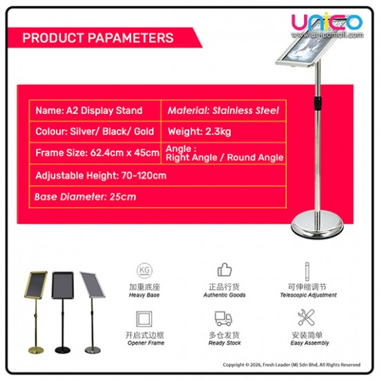 A2 Floor Poster Display Stand – Right Angle Frame with Weighted Base for Shops & Events (Silver / Black / Gold)