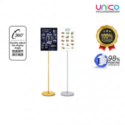 Elegant A4 Sign Stand for Retail & Events – Freestanding Gold/Silver Poster Display with Round Base