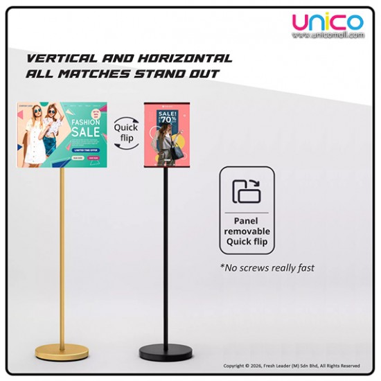 Elegant A4 Sign Stand for Retail & Events – Freestanding Gold/Silver Poster Display with Round Base