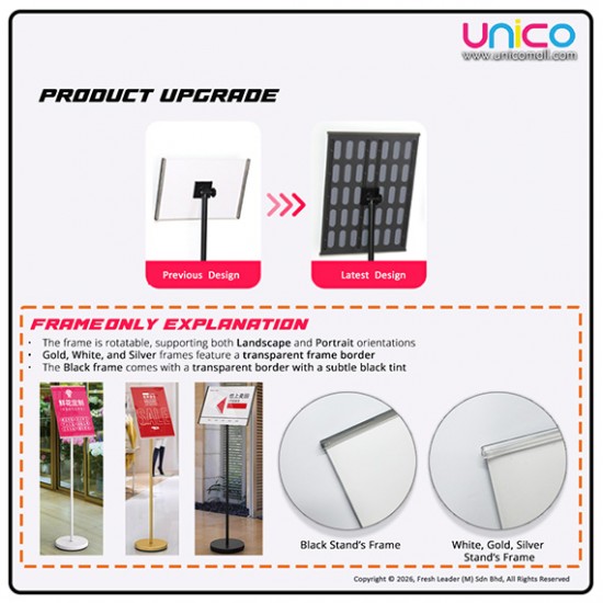 Elegant A4 Sign Stand for Retail & Events – Freestanding Gold/Silver Poster Display with Round Base