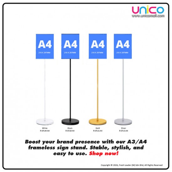 Elegant A4 Sign Stand for Retail & Events – Freestanding Gold/Silver Poster Display with Round Base