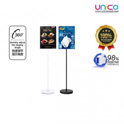 Elegant A4 Sign Stand for Retail & Events – Freestanding White/Black Poster Display with Round Base