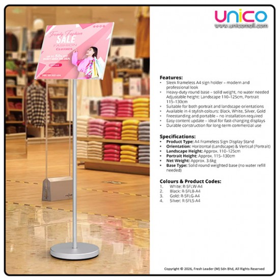 Elegant A4 Sign Stand for Retail & Events – Freestanding White/Black Poster Display with Round Base