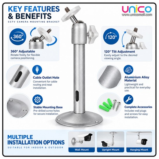 360° Adjustable CCTV Camera Mounting Bracket 215mm Wall Mount
