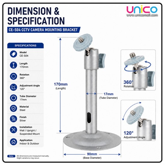 CCTV Camera Mounting Bracket 170mm 360° Adjustable Wall Mount