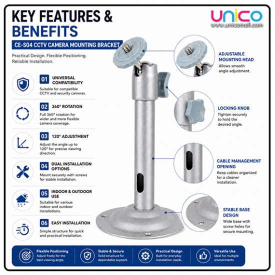 CCTV Camera Mounting Bracket 170mm 360° Adjustable Wall Mount