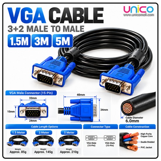 Infineo VGA Cable 3+2 Shielded Male to Male 1.5M 3M 5M