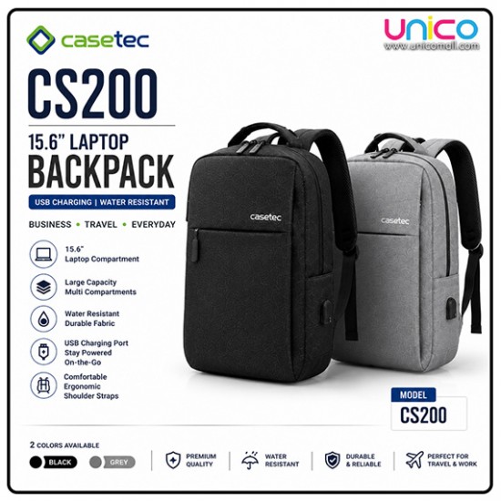 CASETEC CS200 15.6-Inch Waterproof Laptop Backpack with USB Port