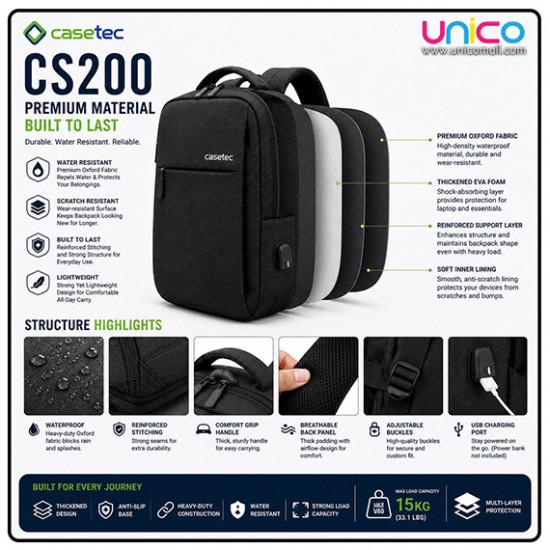 CASETEC CS200 15.6-Inch Waterproof Laptop Backpack with USB Port