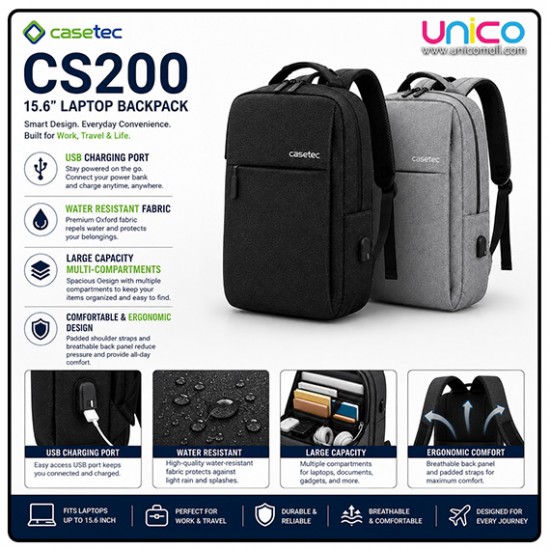 CASETEC CS200 15.6-Inch Waterproof Laptop Backpack with USB Port
