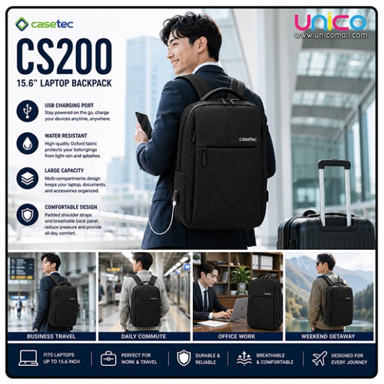 CASETEC CS200 15.6-Inch Waterproof Laptop Backpack with USB Port