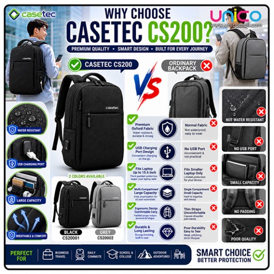 CASETEC CS200 15.6-Inch Waterproof Laptop Backpack with USB Port