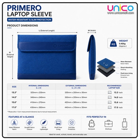 CASETEC Primero Water-Resistant Laptop Sleeve Bag 13.3-17 Inch