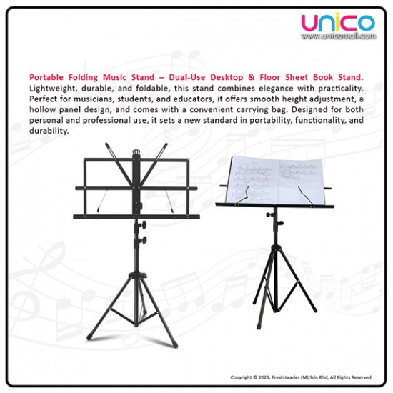 Portable Folding Music Stand Dual-Use – Desktop & Floor Sheet Book Stand with Clip Holder & Carry Bag