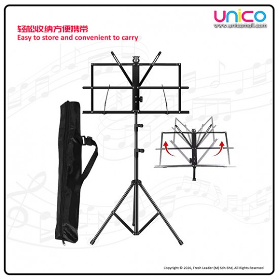 Portable Folding Music Stand Dual-Use – Desktop & Floor Sheet Book Stand with Clip Holder & Carry Bag