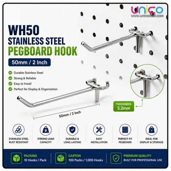 Pegboard Hooks 50mm (2 Inch) for Tool Storage & Display, 10 Pcs