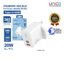 Infineo USB-C & USB-A 20W Fast Charger – PD + QC 3.0 Plug with LED Power Indicator