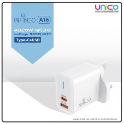 Infineo USB-C & USB-A 20W Fast Charger – PD + QC 3.0 Plug with LED Power Indicator