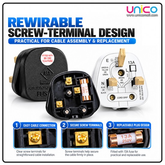 Malaysia 13A 3 Pin Fused Plug with Durable Alloy Pins