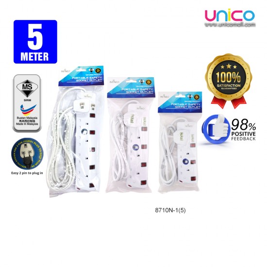 SIRIM Certified Infineo Trailing Socket Extension Neon Light - 5 Meter Length (3 Way/4 Way/5 Way)