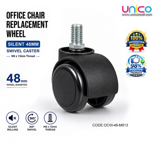 Office Chair Replacement Wheels M8 x 13mm Silent 48mm Casters