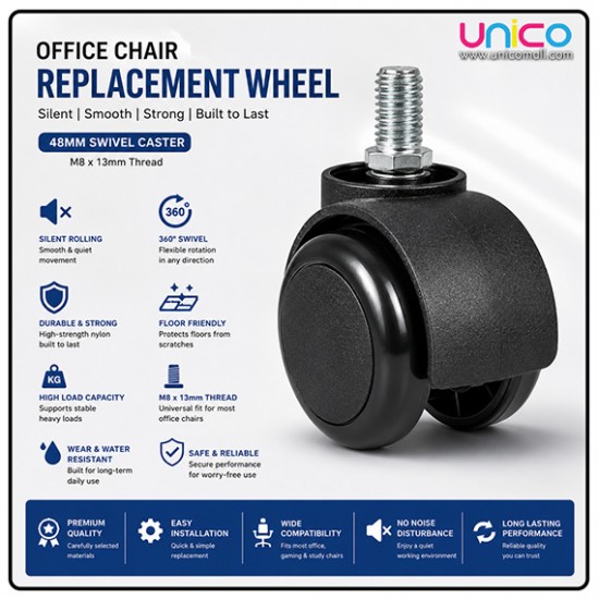 Office Chair Replacement Wheels M8 x 13mm Silent 48mm Casters