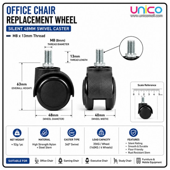 Office Chair Replacement Wheels M8 x 13mm Silent 48mm Casters
