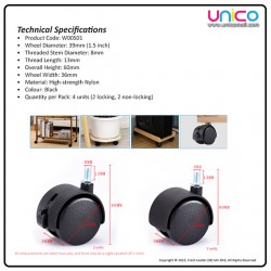 1.5 Inch Replacement Caster Wheels (4 pcs) – M8 Threaded, 2 Locking + 2 Non-Locking for Cart & Chair