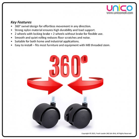 1.5 Inch Replacement Caster Wheels (4 pcs) – M8 Threaded, 2 Locking + 2 Non-Locking for Cart & Chair