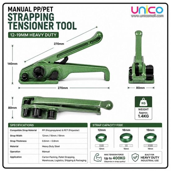 Manual PP/PET Strapping Tensioner Tool 12-19mm Heavy Duty