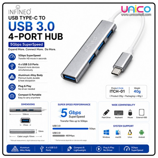 INFINEO USB C Hub 4 Port USB 3.0 Adapter 5Gbps for Laptop & PC