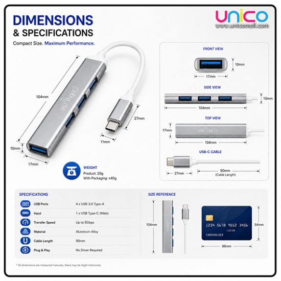 INFINEO USB C Hub 4 Port USB 3.0 Adapter 5Gbps for Laptop & PC