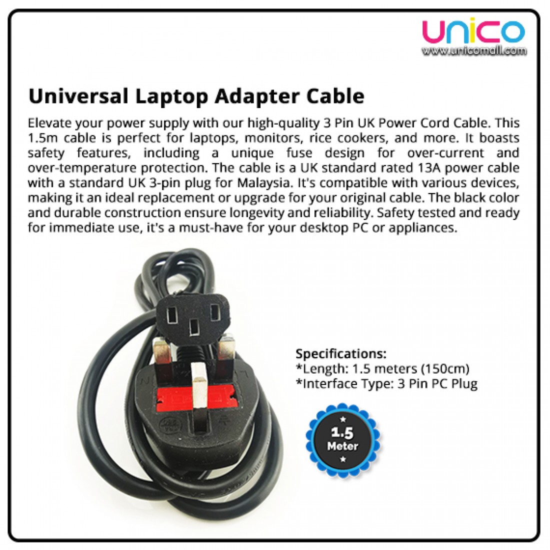 Universal Laptop Adapter Cable | Reliable C13 Connector | 1.5M Length