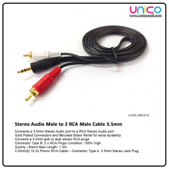 Stereo cable double RCA male (“L” shaped) to double RCA male. 1.5 m