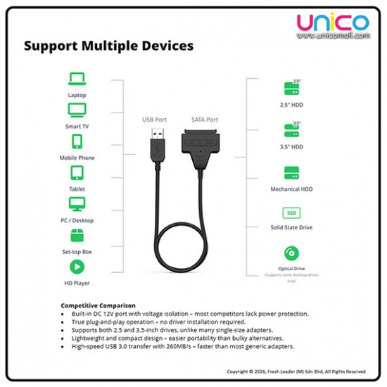 High-Speed USB 3.0 to SATA Adapter with Power – 2.5/3.5 Inch HDD & SSD Converter, Up to 260MB/s