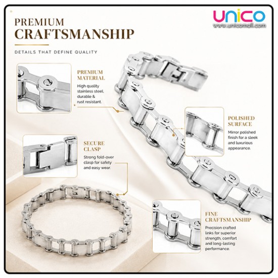 Premium Stainless Steel Motorcycle Chain Bracelet for Men – Silver Biker Link Bracelet 21.3CM