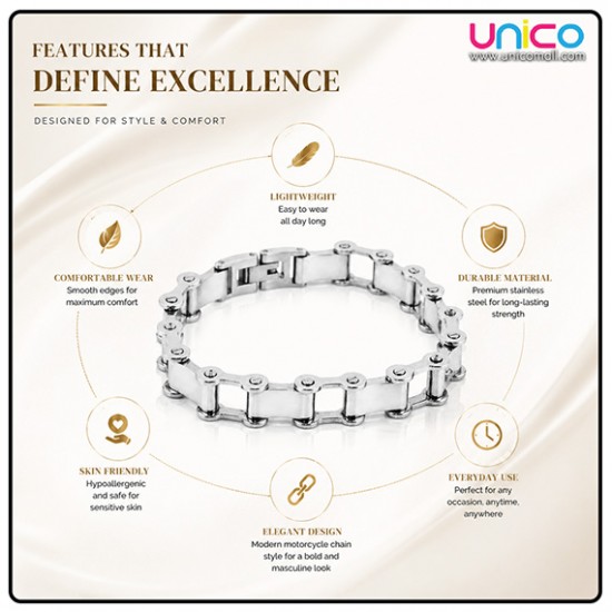 Premium Stainless Steel Motorcycle Chain Bracelet for Men – Silver Biker Link Bracelet 21.3CM