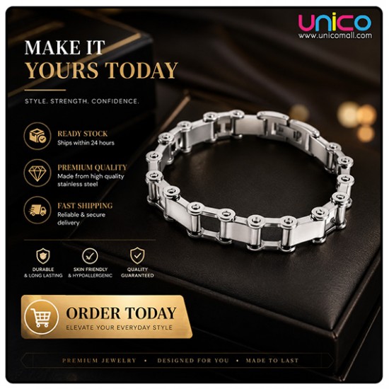 Premium Stainless Steel Motorcycle Chain Bracelet for Men – Silver Biker Link Bracelet 21.3CM