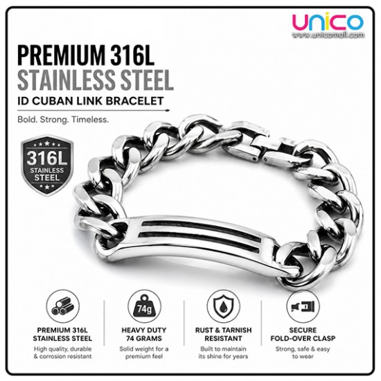 316L Stainless Steel Men's ID Chain Bracelet Heavy Duty Cuban Link Bracelet Silver Wrist Bracelet for Men Fashion Jewelry