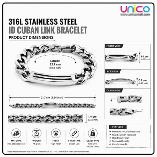 316L Stainless Steel Men's ID Chain Bracelet Heavy Duty Cuban Link Bracelet Silver Wrist Bracelet for Men Fashion Jewelry